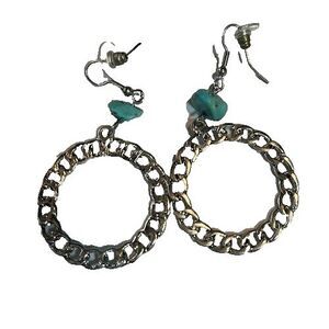 Southwest Style Bohochic Faux Turquoise w/ 1" Silver Open Hoop Drop Earrings